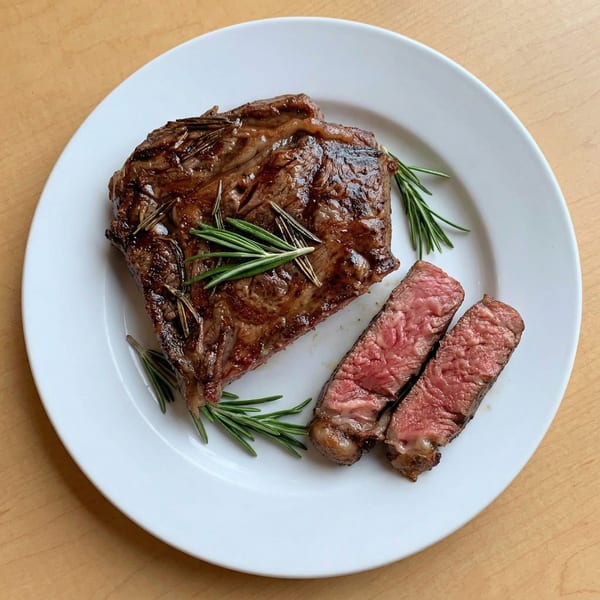 Perfectly cooked steak with rosemary sprigs on a white plate, two slices showing a pink medium-rare center.
