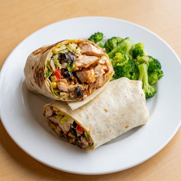 Two halves of a chicken burrito with corn, beans, and lettuce, served with broccoli.